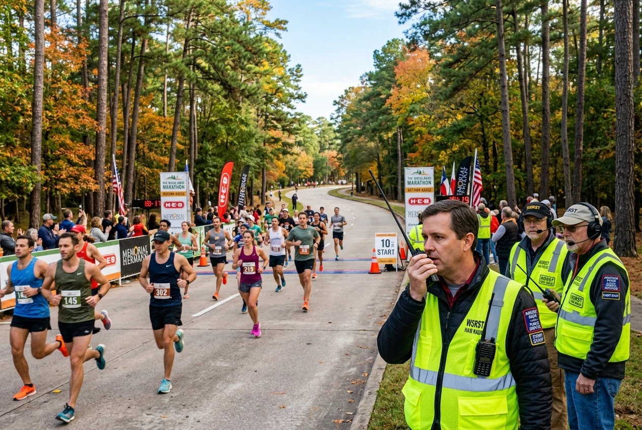 Amateur radio operators providing event communications at 10 for Texas marathon in The Woodlands